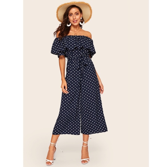Navy Blue Polka Dot Off Shoulder Belted Jumpsuit - Picture 2 of 7
